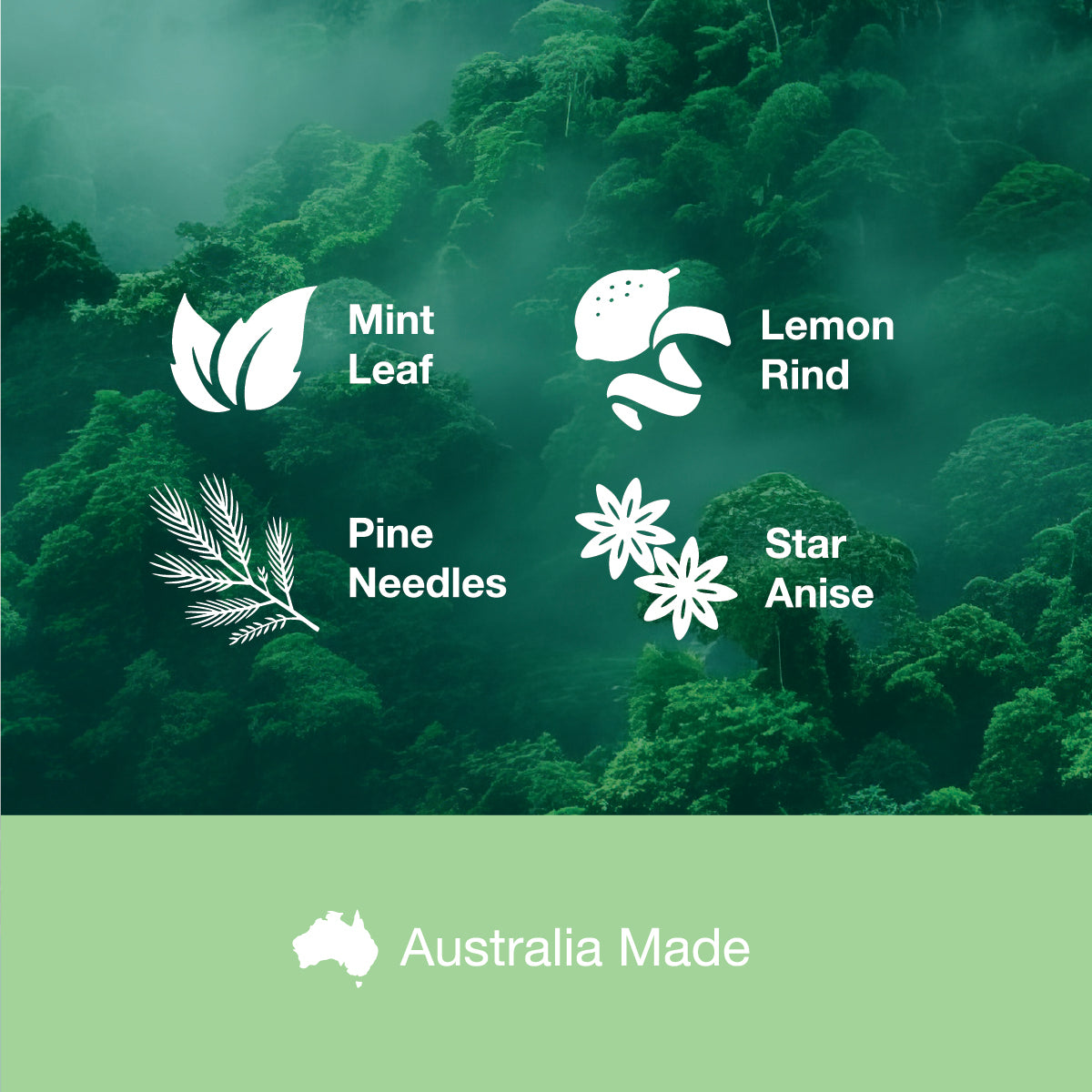 Illustrations of mint leaf, lemon rind, pine needles, and star anise against a green forest background with 'Australia Made' label.