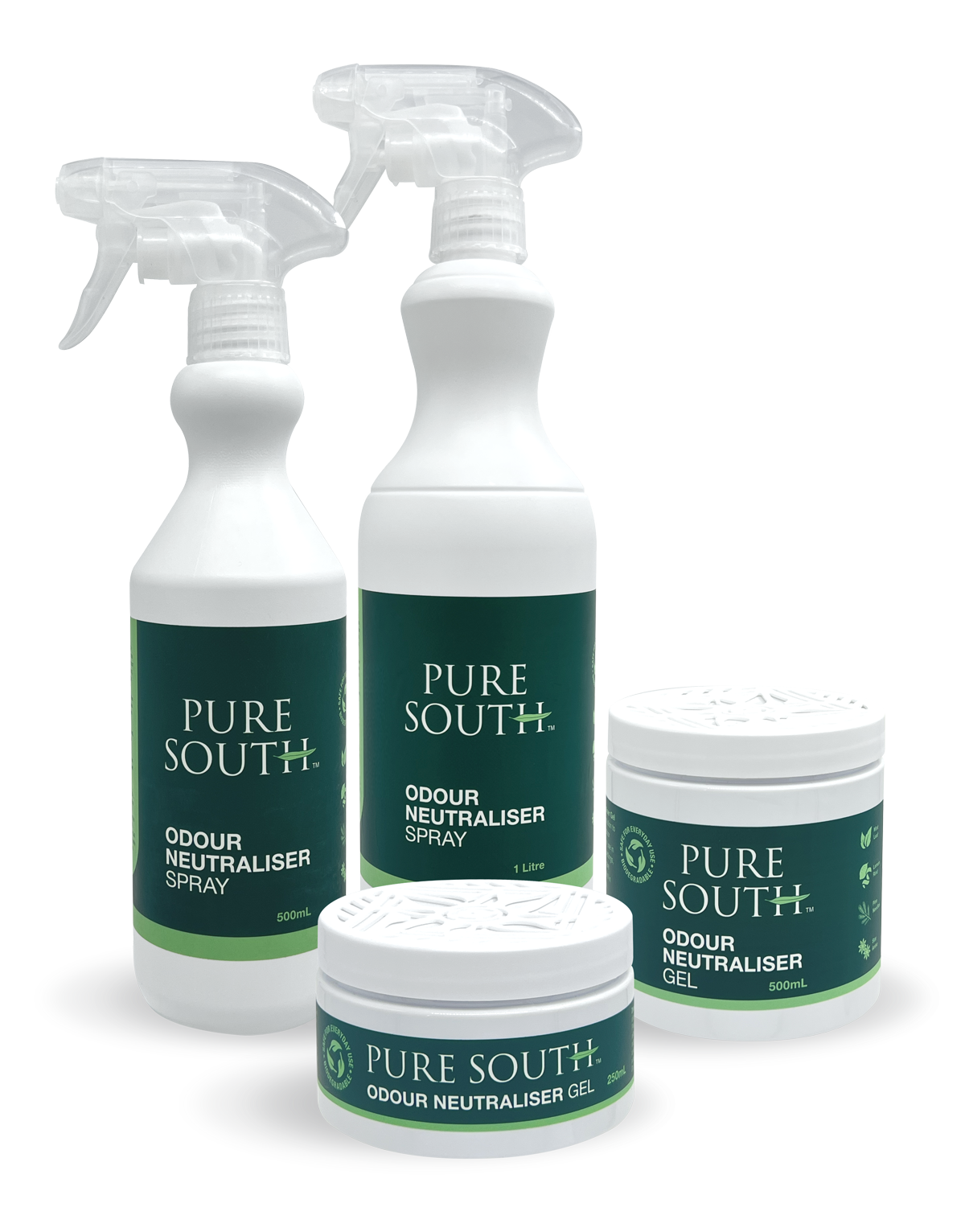 Collection of Pure South odour neutraliser products including spray bottles and a jar on a white background.