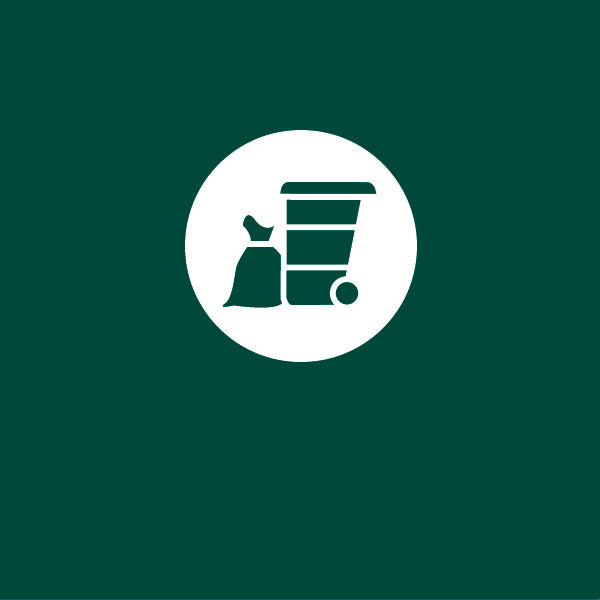 Icon of a green trash bin and bag on a white circle against a green background